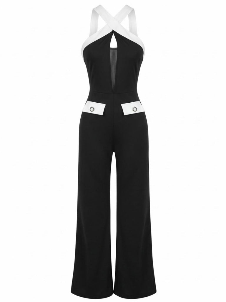 Black & White 1960s Contrast Halter Wide-Leg Jumpsuit - vintage romper, retro jumpsuit, playful style for vintage lovers