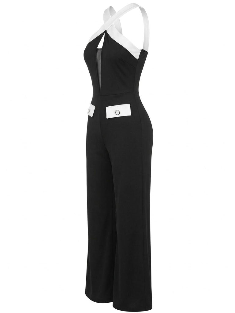 Black & White 1960s Contrast Halter Wide-Leg Jumpsuit: beautiful vintage romper, retro jumpsuit, playful style with timeless appeal