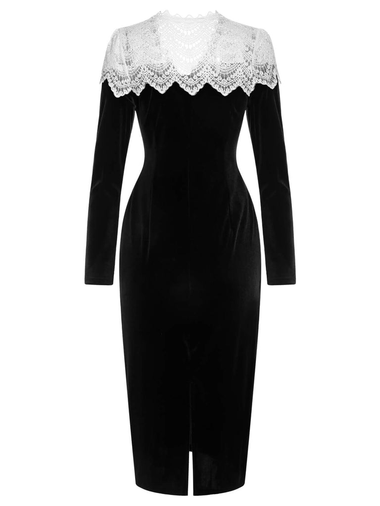 Black & White 1960s Lapel Patchwork Velvet Dress, vintage dress, retro fashion - perfect for women who love vintage and retro fashion