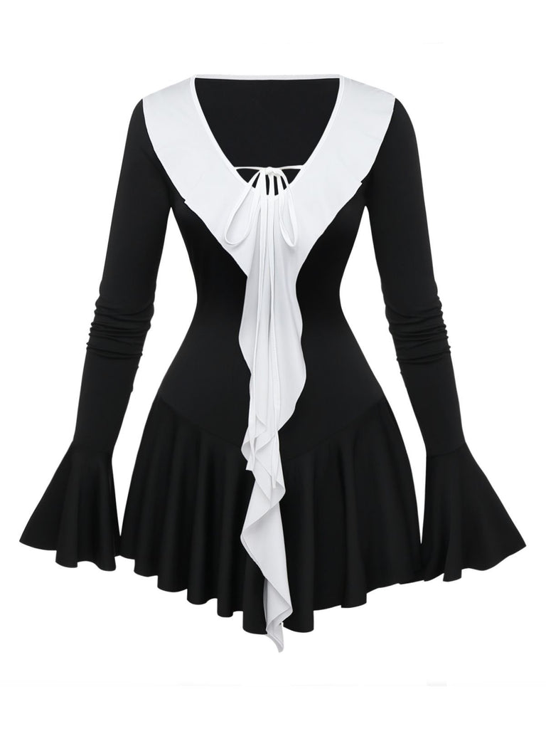Black & White 1960s Ruffled Peplum Dress - vintage dress, retro fashion, classic black