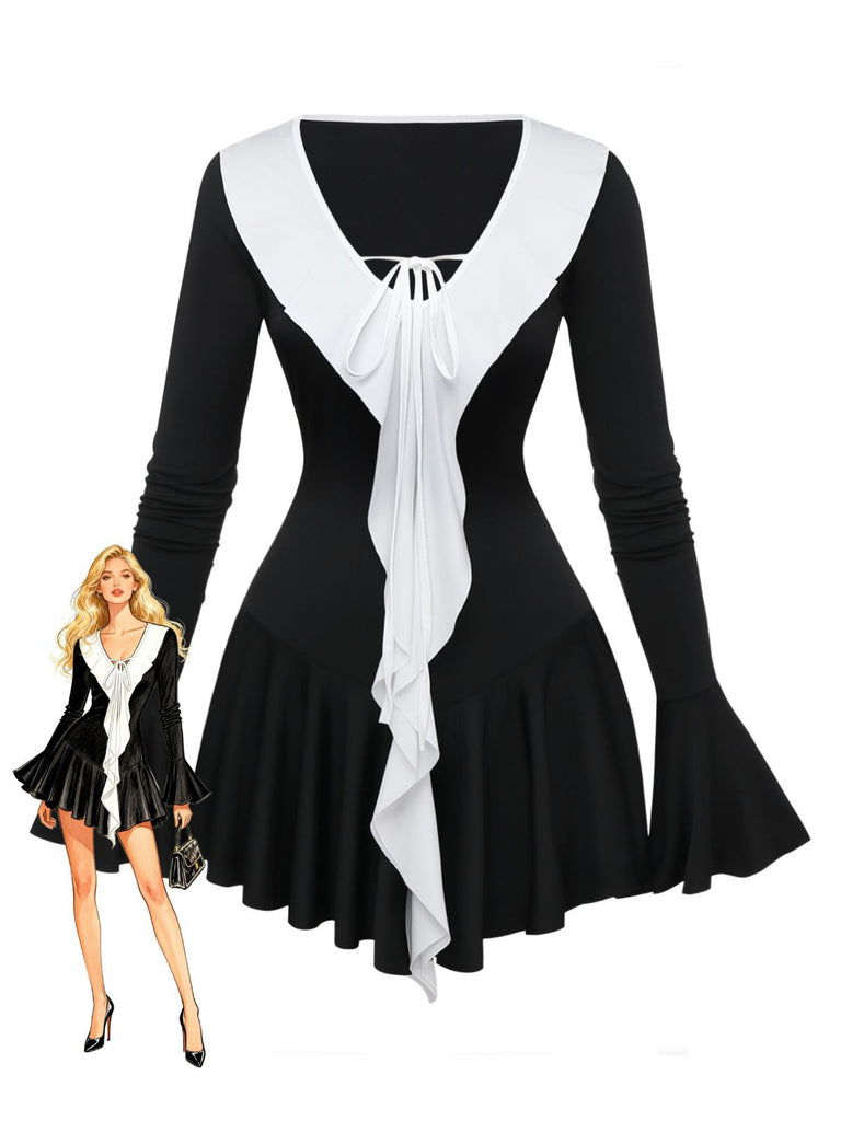 Black & White 1960s Ruffled Peplum Dress - vintage dress, retro fashion, classic black