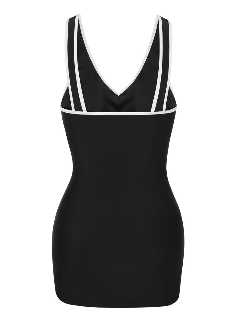 Black & White 1960s Solid Contrast Binding Swimsuit, vintage swimsuit, pin-up swimwear - perfect for women who love vintage and retro fashion