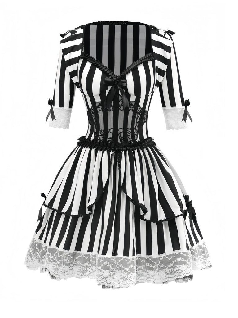 Black & White 1970s Lace Patchwork Stripe Dress - vintage dress, retro fashion, classic black