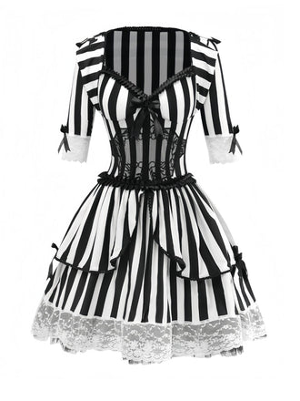 Black & White 1970s Lace Patchwork Stripe Dress - vintage dress, retro fashion, classic black