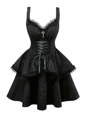 Black 1950s Gothic Lace Panel Bow Tie Lace-up Dress - vintage dress, retro fashion, rockabilly