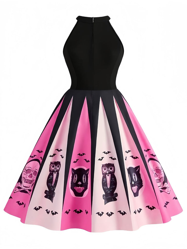 Black&Pink 1950s Halloween Spooky Print Swing Dress - vintage dress, retro fashion, rockabilly