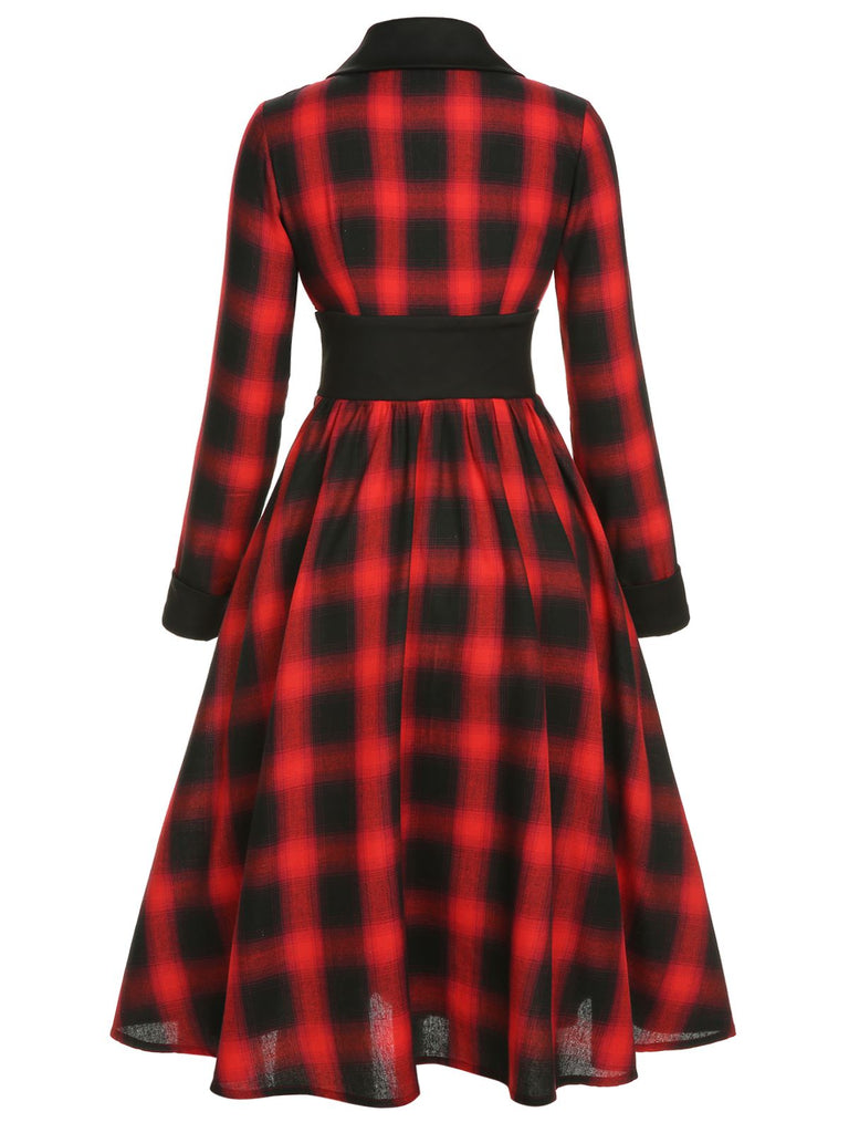 Black&Red 1950s Gingham Plaid Button Lapel Dress, vintage dress, retro fashion, rockabilly, pin-up fashion - perfect for women who love vintage and retro fashion