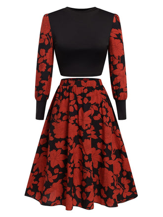 Black&Red 1980s Floral Long Sleeves Top&Skirt, vintage skirt, retro style - perfect for women who love vintage and retro fashion