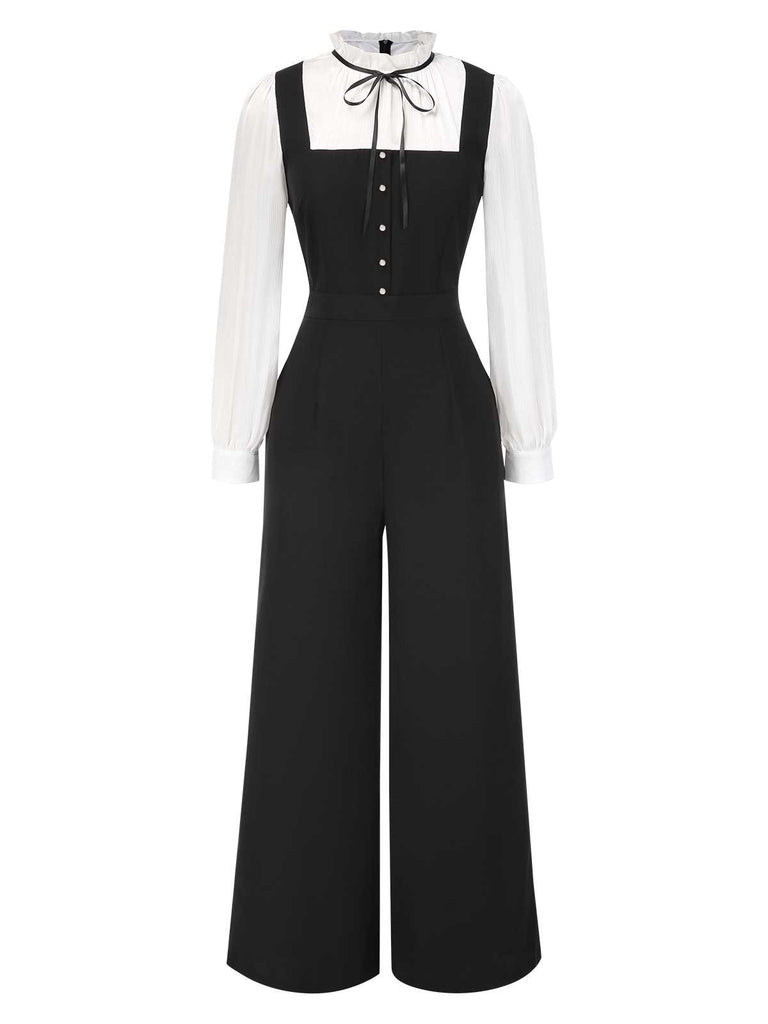 Black&White 1930s Bow Ruffled Collar Jumpsuit - vintage jumpsuit, retro fashion, classic black