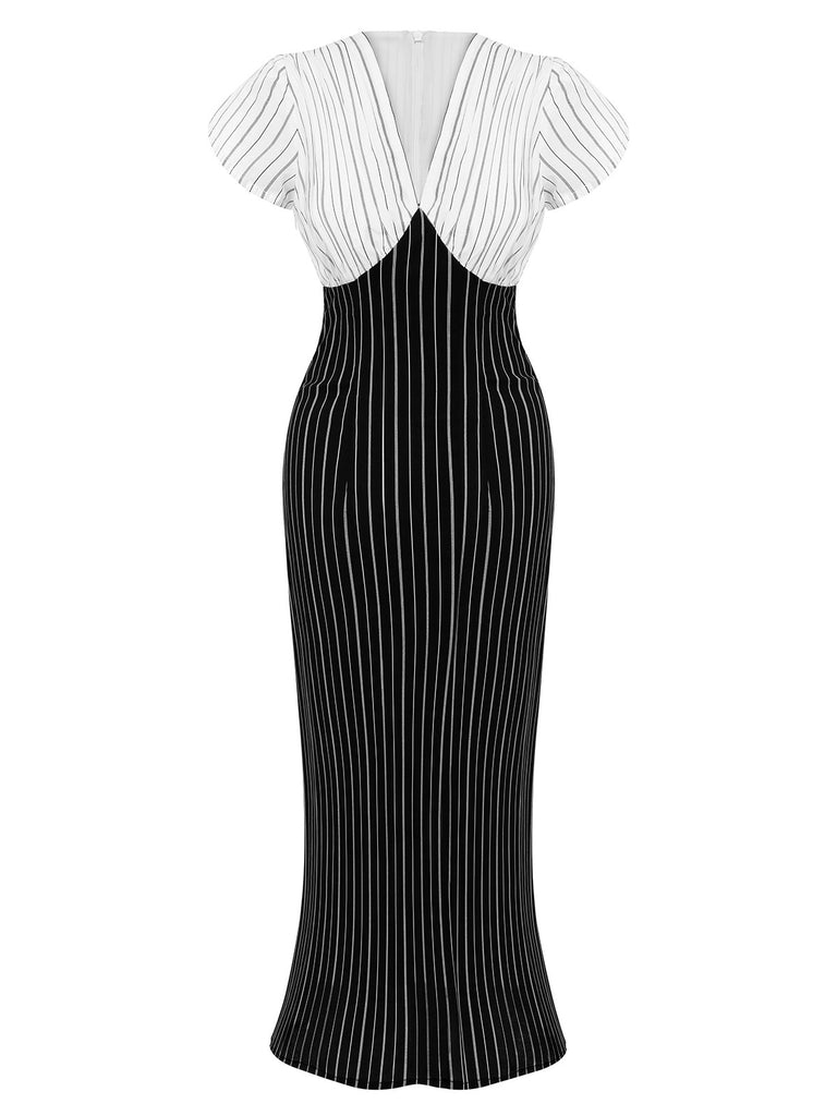 Black&White 1930s Striped Deep V-Neck Patchwork Dress, vintage dress, retro fashion - perfect for women who love vintage and retro fashion