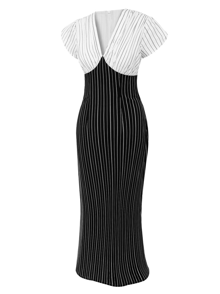 Black&White 1930s Striped Deep V-Neck Patchwork Dress, vintage dress, retro fashion - perfect for women who love vintage and retro fashion