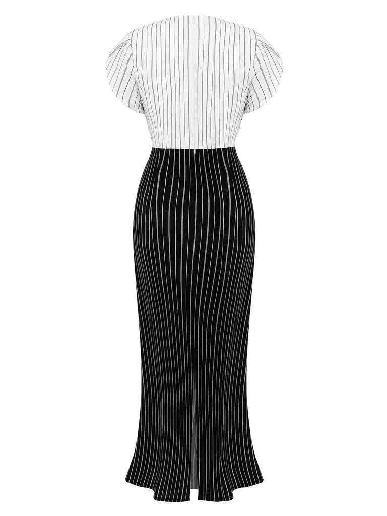 Black&White 1930s Striped Deep V-Neck Patchwork Dress, vintage dress, retro fashion - perfect for women who love vintage and retro fashion
