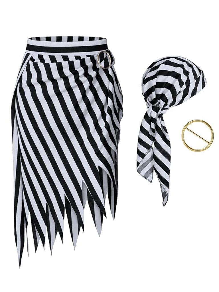 Black&White 1960s Striped Skirt With Headscarf - vintage skirt, retro style, classic black