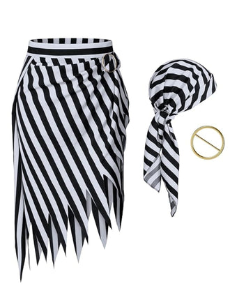 Black&White 1960s Striped Skirt With Headscarf - vintage skirt, retro style, classic black