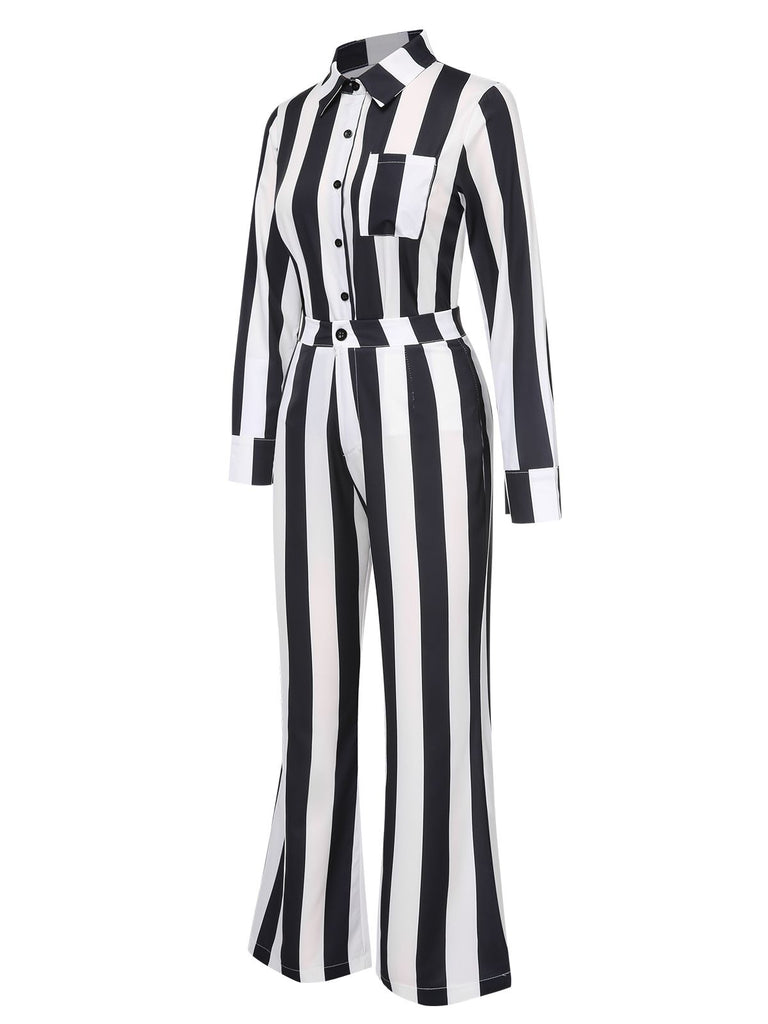 Black&White 1970s Lapel Striped Contrast Color Suit, vintage fashion, retro style - perfect for women who love vintage and retro fashion