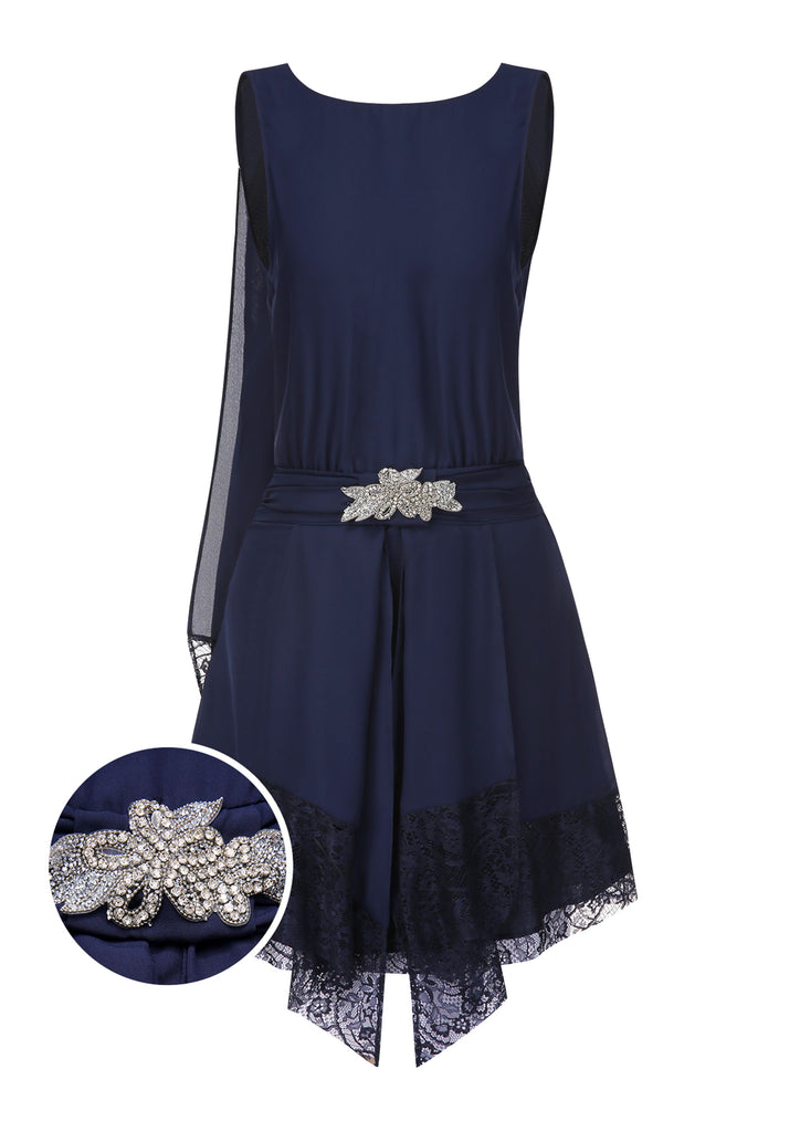 Blue 1920s Lace Patchwork Rhinestone Dress - vintage dress, retro fashion, Gatsby party