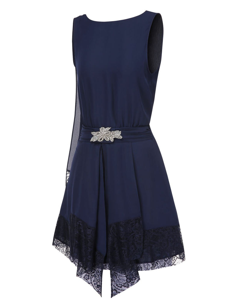 Blue 1920s Lace Patchwork Rhinestone Dress - vintage dress, retro fashion, Gatsby party