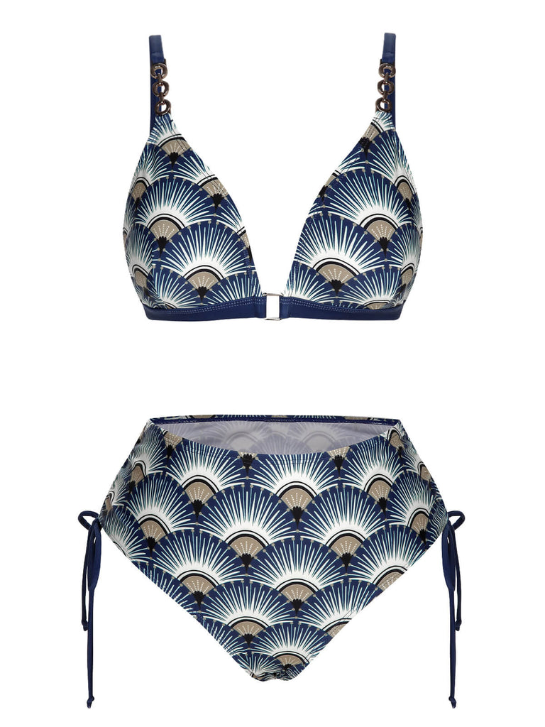 Blue 1930s Ancient Fan Lace-Up Bikini Set, vintage swimsuit, pin-up swimwear - perfect for women who love vintage and retro fashion