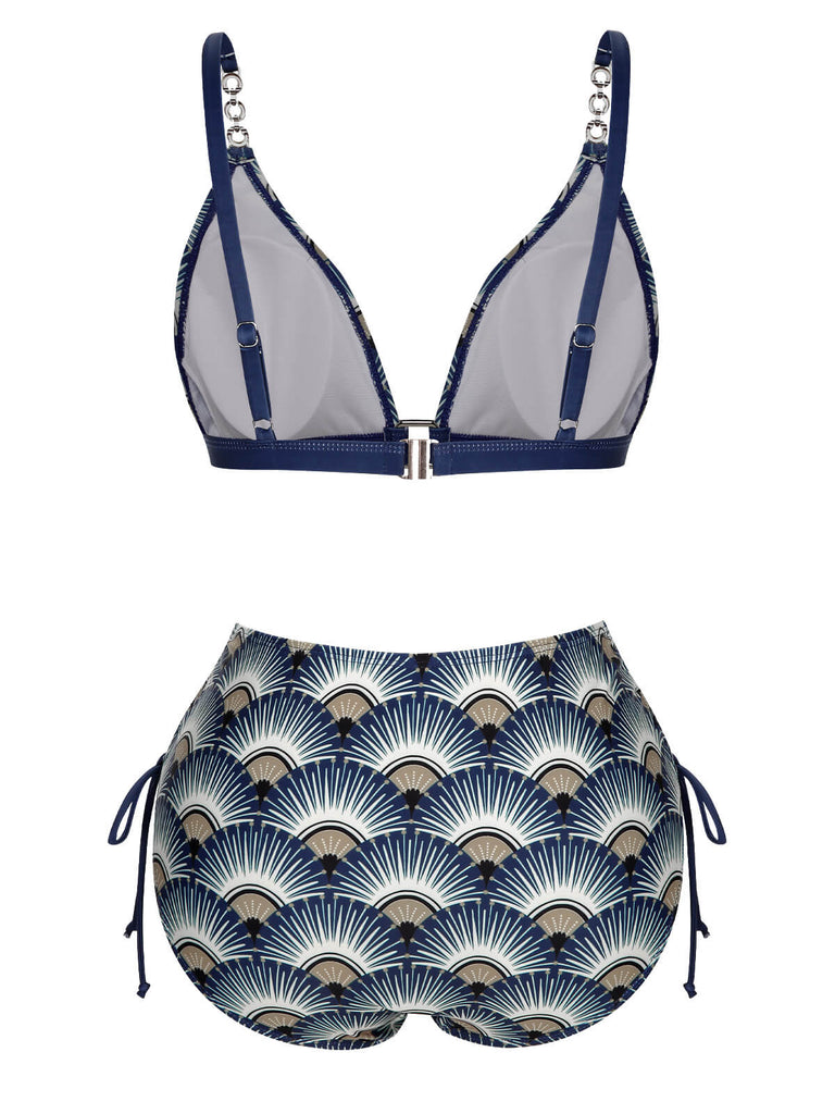 Blue 1930s Ancient Fan Lace-Up Bikini Set, vintage swimsuit, pin-up swimwear - perfect for women who love vintage and retro fashion