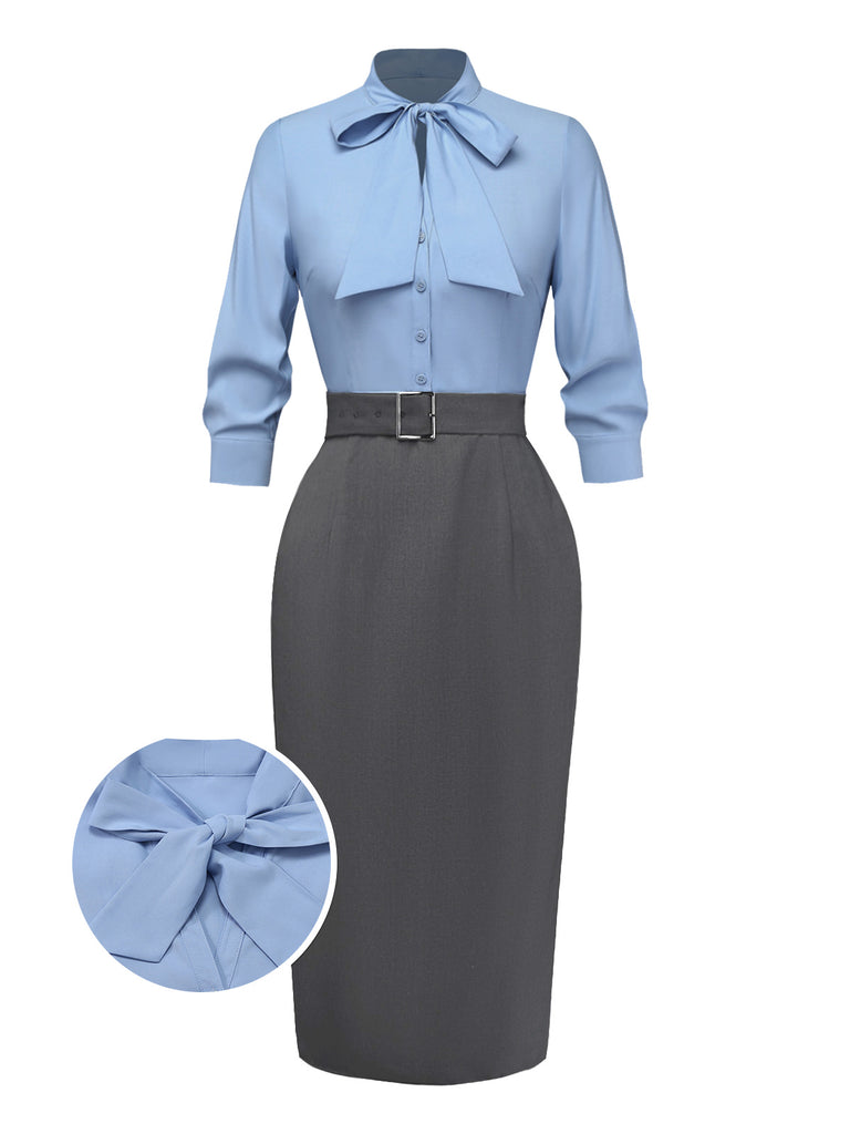 Blue 1930s Bow Tie Belted Pencil Dress - vintage dress, retro fashion
