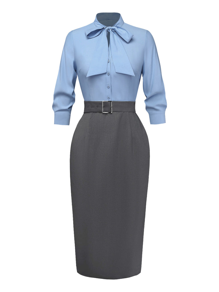 Blue 1930s Bow Tie Belted Pencil Dress - vintage dress, retro fashion