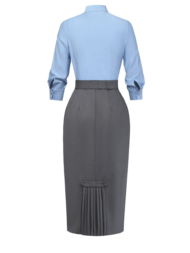 Blue 1930s Bow Tie Belted Pencil Dress - vintage dress, retro fashion
