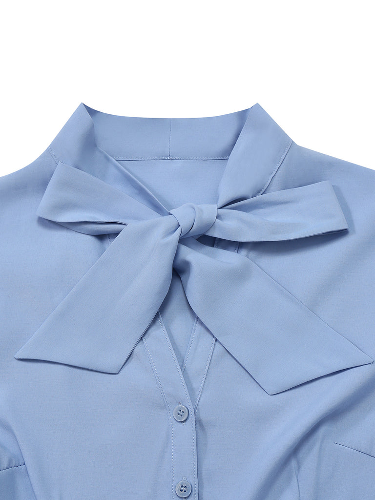 Blue 1930s Bow Tie Belted Pencil Dress - vintage dress, retro fashion
