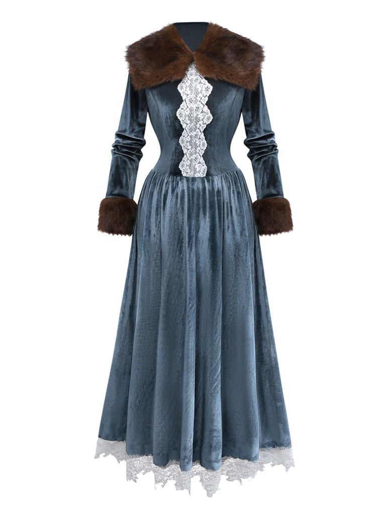 Blue 1930s Faux Fur Lace Patchwork Velvet Dress - vintage dress, retro fashion