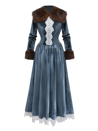 Blue 1930s Faux Fur Lace Patchwork Velvet Dress - vintage dress, retro fashion