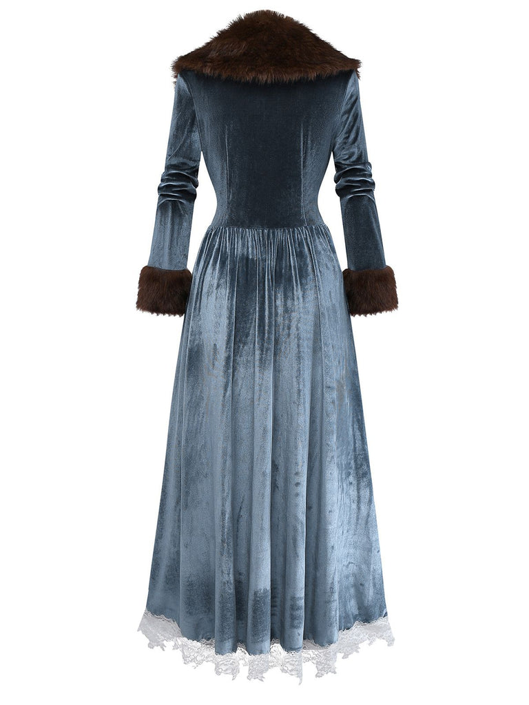 Blue 1930s Faux Fur Lace Patchwork Velvet Dress - vintage dress, retro fashion