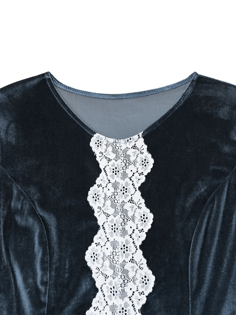 Blue 1930s Faux Fur Lace Patchwork Velvet Dress - vintage dress, retro fashion