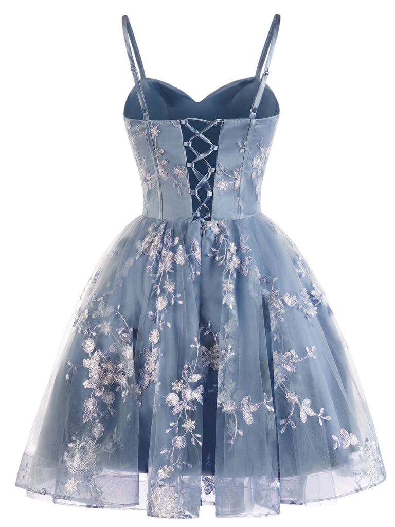 Blue 1930s Floral Halter Mesh Dress 2
