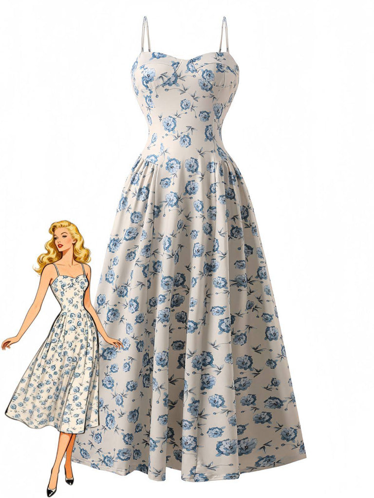 Blue 1930s Floral Spaghetti Strap Maxi Dress - vintage dress, retro fashion