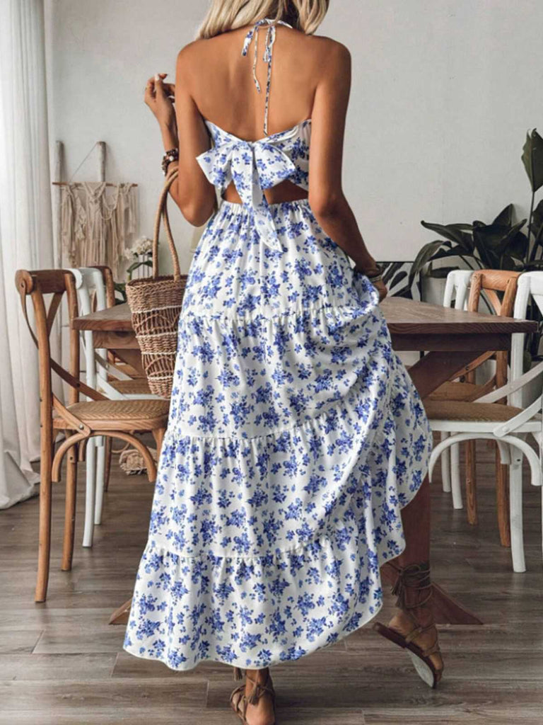 Blue 1930s Floral Tie Back Tiered Maxi Dress - vintage dress, retro fashion, elegant red