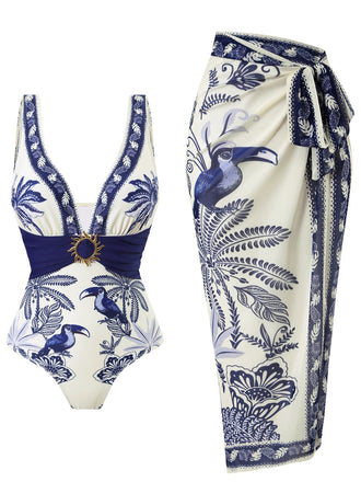 Blue 1930s Flower & Bird One-Piece Swimsuit & Cover-Up - vintage swimsuit, pin-up swimwear for vintage lovers
