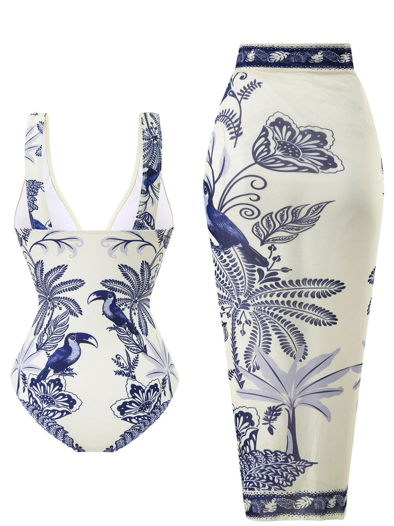 Blue 1930s Flower & Bird One-Piece Swimsuit & Cover-Up - vintage swimsuit, pin-up swimwear for vintage lovers