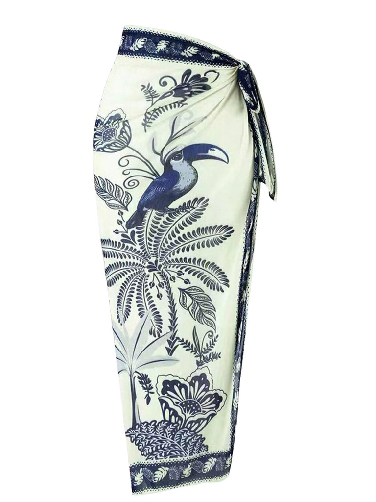 Blue 1930s Flower & Bird One-Piece Swimsuit & Cover-Up - vintage swimsuit, pin-up swimwear for vintage lovers