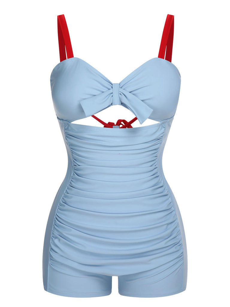 Blue 1930s Folds Back Strap One-Piece Swimsuit, vintage swimsuit, pin-up swimwear - perfect for women who love vintage and retro fashion