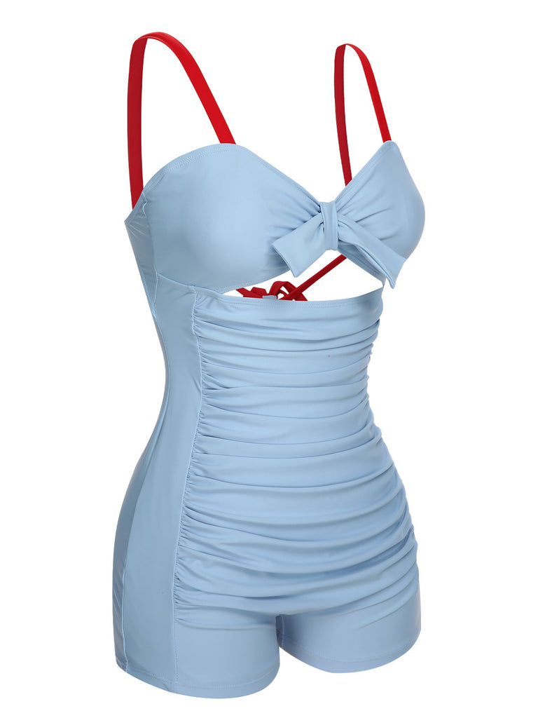 Blue 1930s Folds Back Strap One-Piece Swimsuit, vintage swimsuit, pin-up swimwear - perfect for women who love vintage and retro fashion