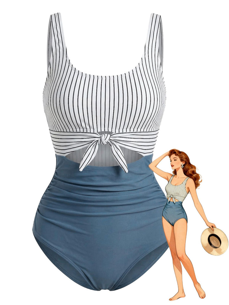 Blue 1930s High-Waist Stripe Cutout One-Piece Swimsuit - vintage swimsuit, pin-up swimwear for vintage lovers