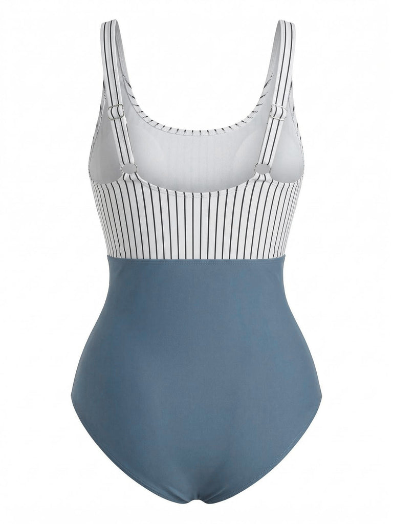 Blue 1930s High-Waist Stripe Cutout One-Piece Swimsuit - vintage swimsuit, pin-up swimwear for vintage lovers
