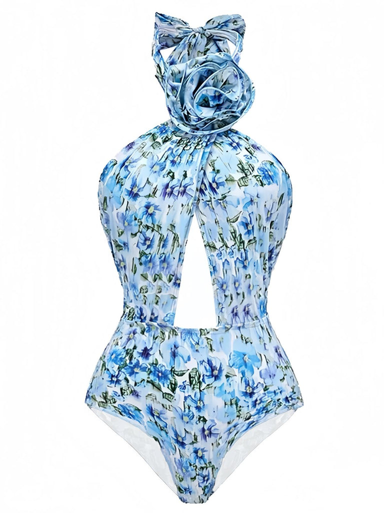 She's wearing Blue 1930s Halter Floral Print 3D Rose Swimsuit and the whole beach remembers the 1930s