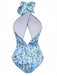 Blue 1930s Halter Floral Print 3D Rose Swimsuit: 1930s Riviera elegance, reimagined for her