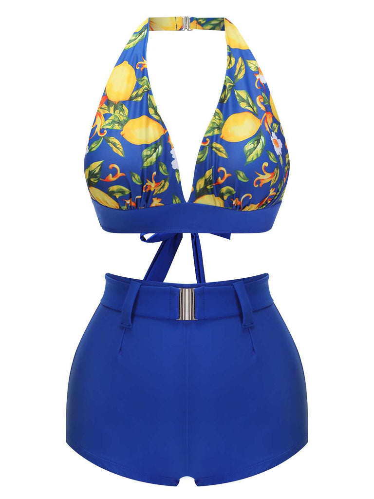 Blue 1930s Halter Lemon Belted Swimsuit: 1930s Riviera elegance, reimagined for her