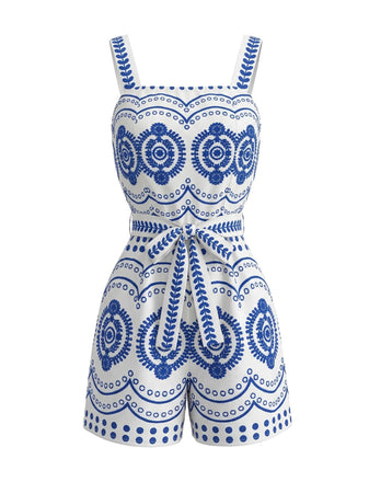 Blue 1930s Holiday Positioning Print Belted Romper - vintage romper, retro jumpsuit, playful style for vintage lovers