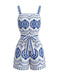 Blue 1930s Holiday Positioning Print Belted Romper - vintage romper, retro jumpsuit, playful style for vintage lovers