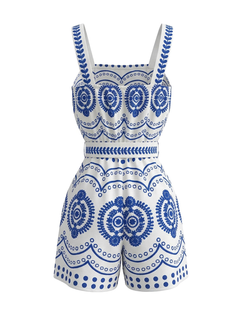 Blue 1930s Holiday Positioning Print Belted Romper: beautiful vintage romper, retro jumpsuit, playful style with timeless appeal