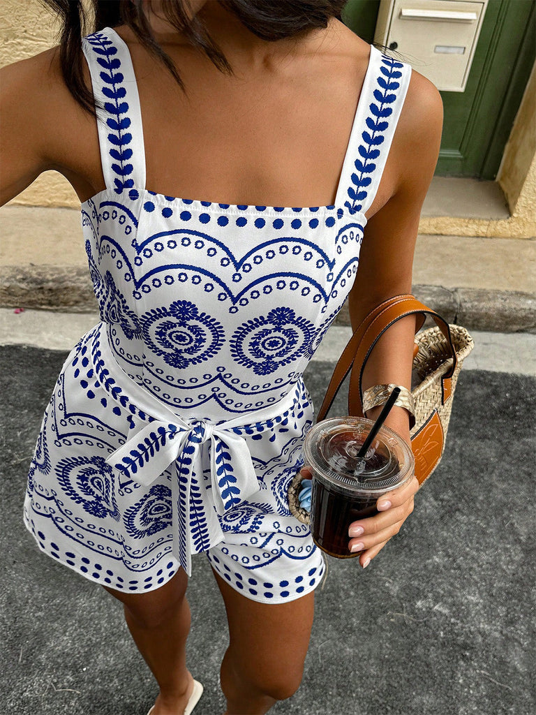 Blue 1930s Holiday Positioning Print Belted Romper - vintage romper, retro jumpsuit, playful style for vintage lovers