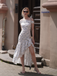 Blue 1930s Off-Shoulder Floral Ruffles Hem Dress - vintage dress, retro fashion
