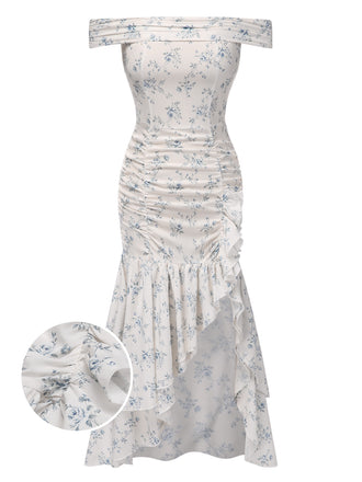 She slips into this Blue 1930s Off-Shoulder Floral Ruffles Hem Dress and suddenly it's a 1930s daydream